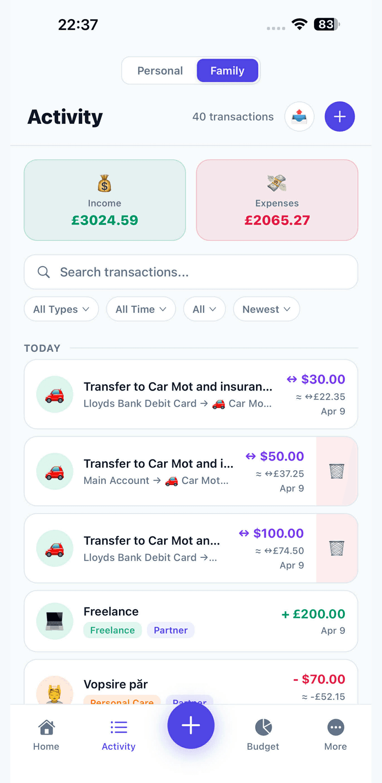 Finance Tracker app — activity feed with income and expenses