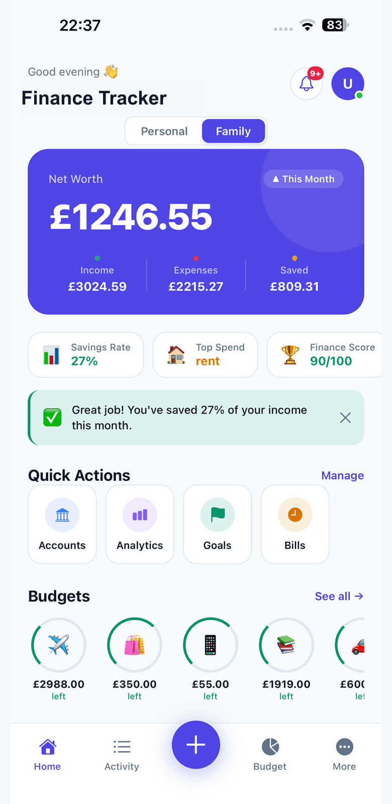 Finance Tracker app — net worth dashboard with quick actions