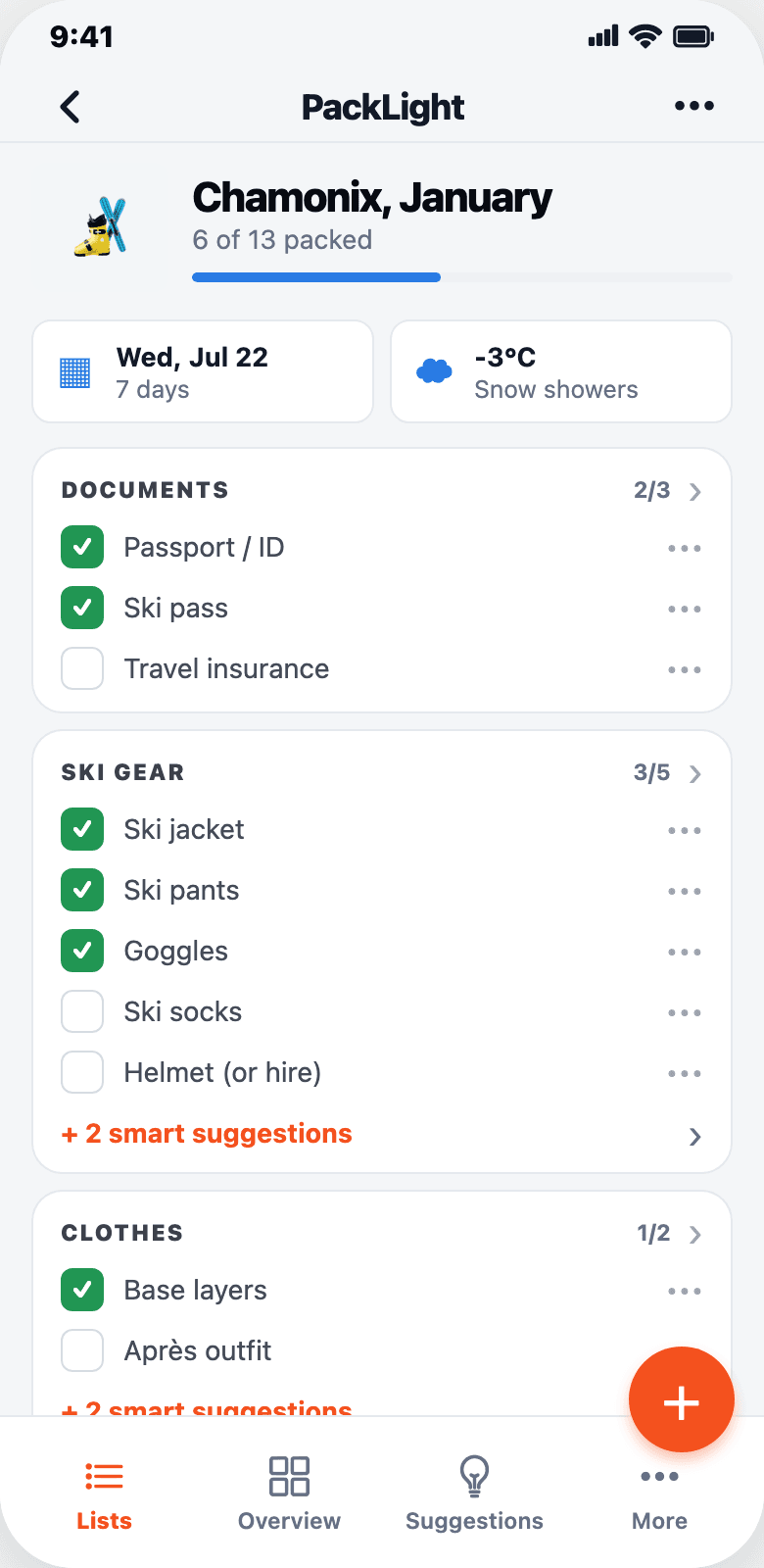 PackLight app — ski trip checklist with packing progress