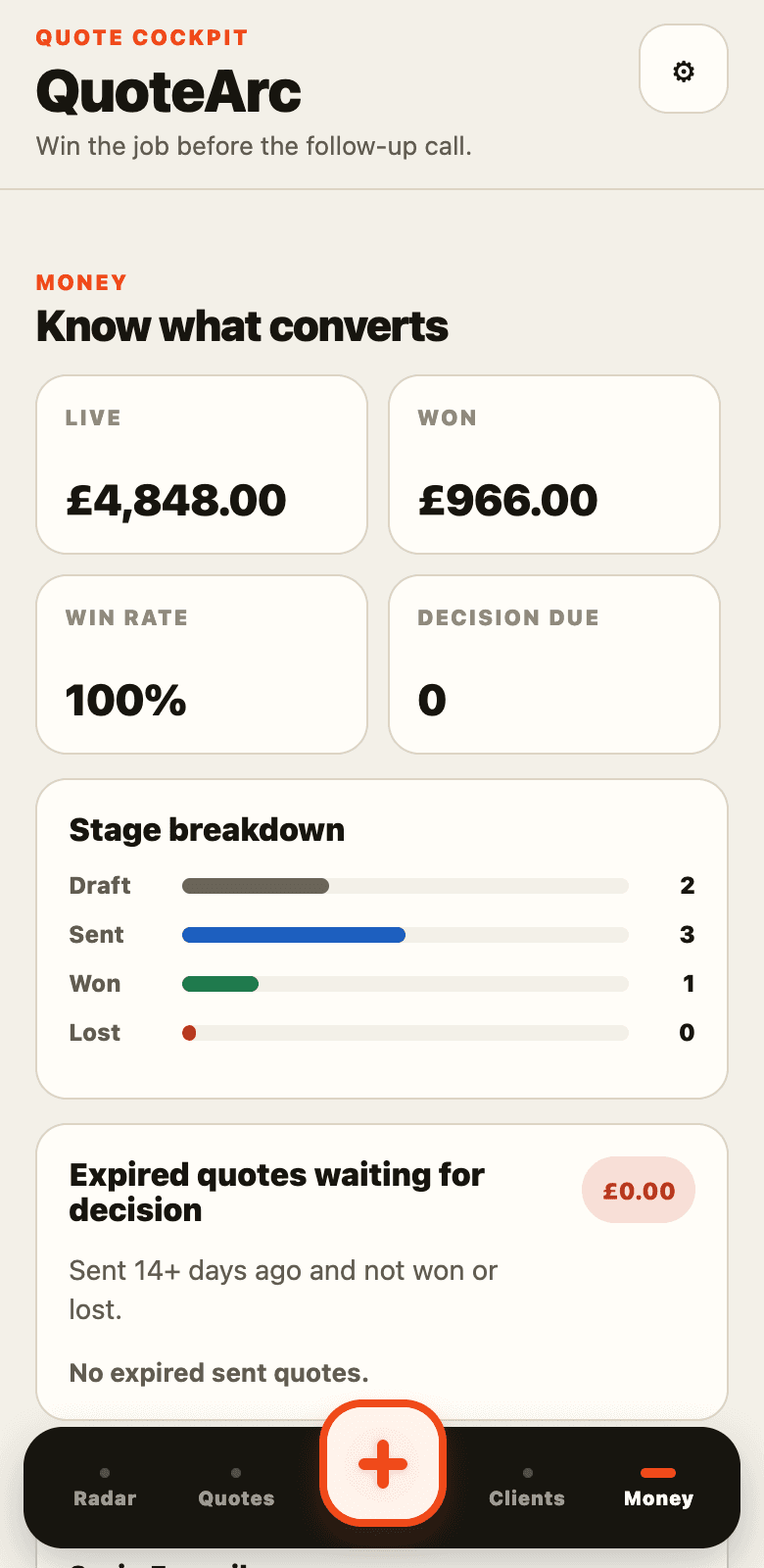 QuoteArc app — results dashboard with win rate and stage breakdown