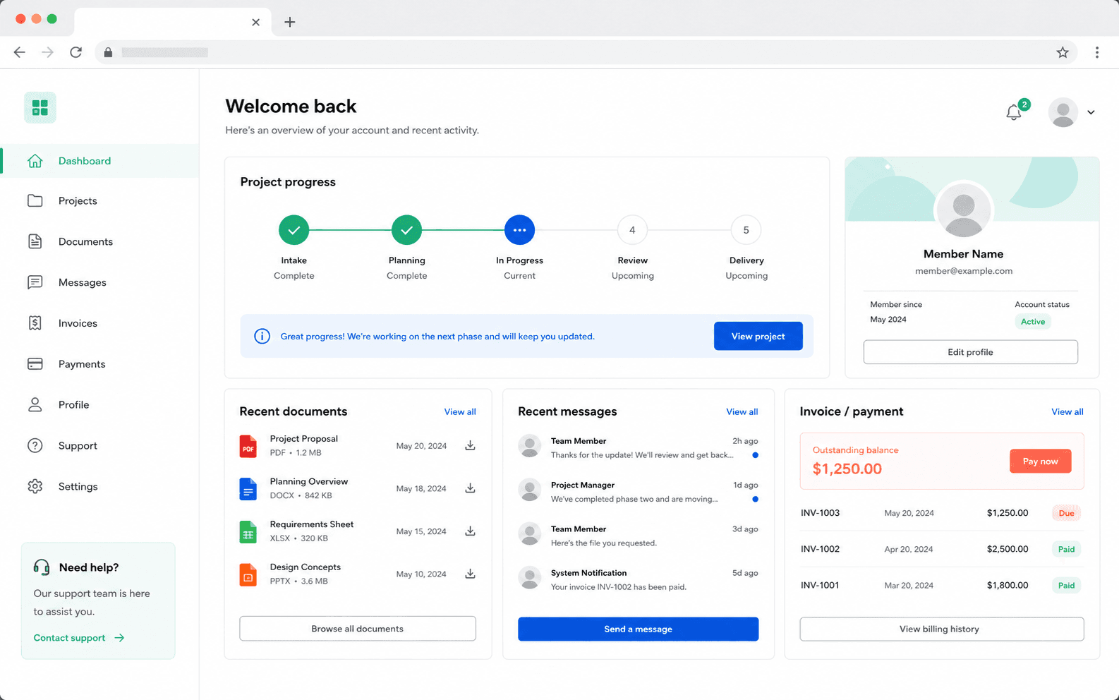 Representative member portal web app screen